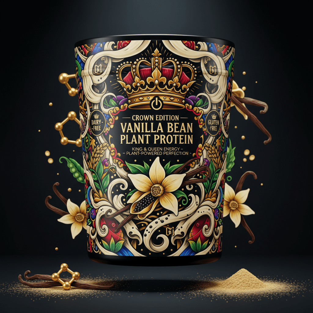 TITAN Plant Protein Powder Vanilla Bean — Crown Edition bold tattoo-style artwork