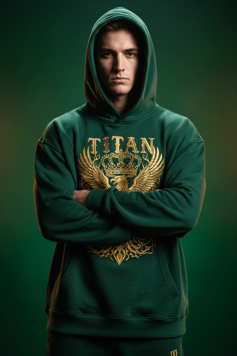 TITAN Phoenix Crown Oversized Hoodie in Forest Green with gold phoenix crown graphic