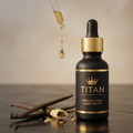 TITAN Stevia Liquid Drops Vanilla Flavor Crown Edition — premium matte black dropper bottle product shot