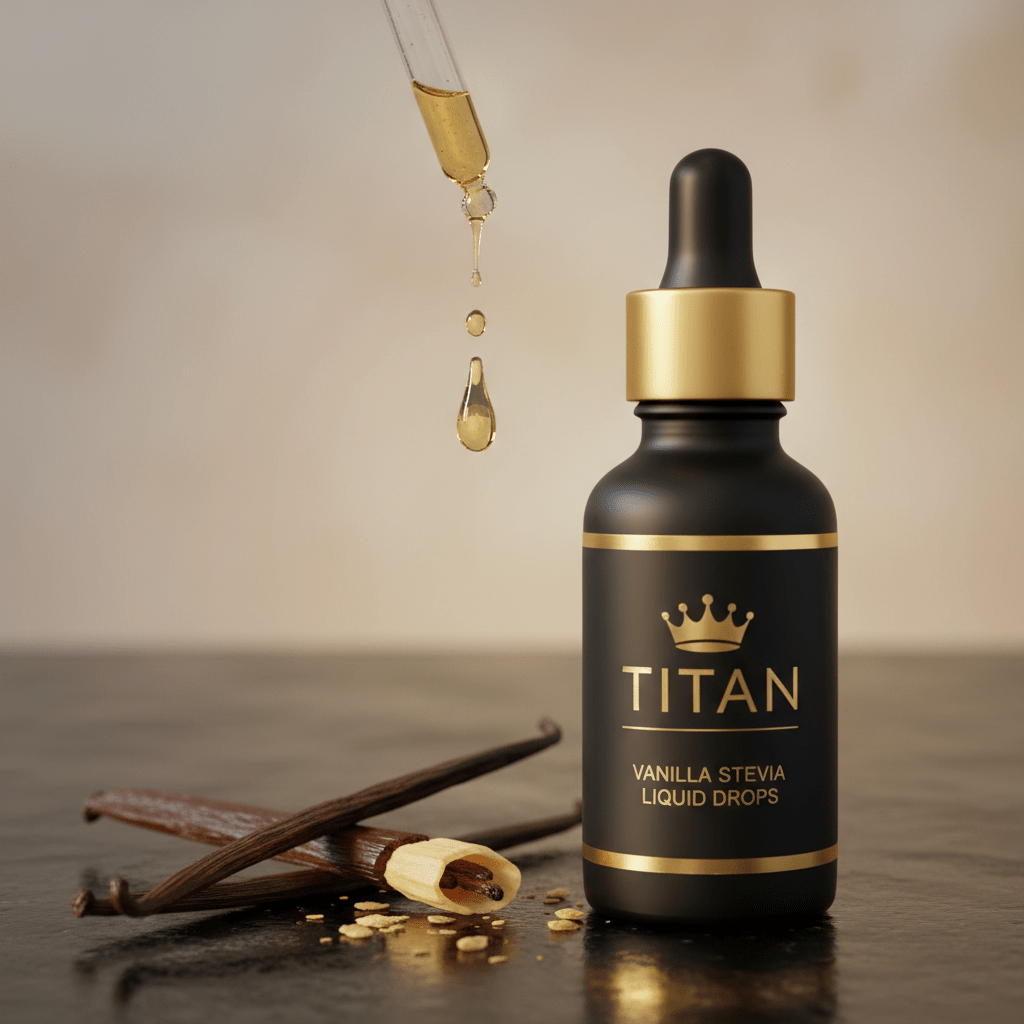 TITAN Stevia Liquid Drops Vanilla Flavor Crown Edition — premium matte black dropper bottle product shot