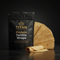 TITAN Protein Tortilla Wraps — Matte black pack with gold crown logo and wraps fanned out