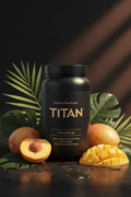 TITAN Prebiotic Fiber Protein Peach Mango — warm sun-kissed tropical canister with fresh peach halves, fanned mango slices and tropical leaves