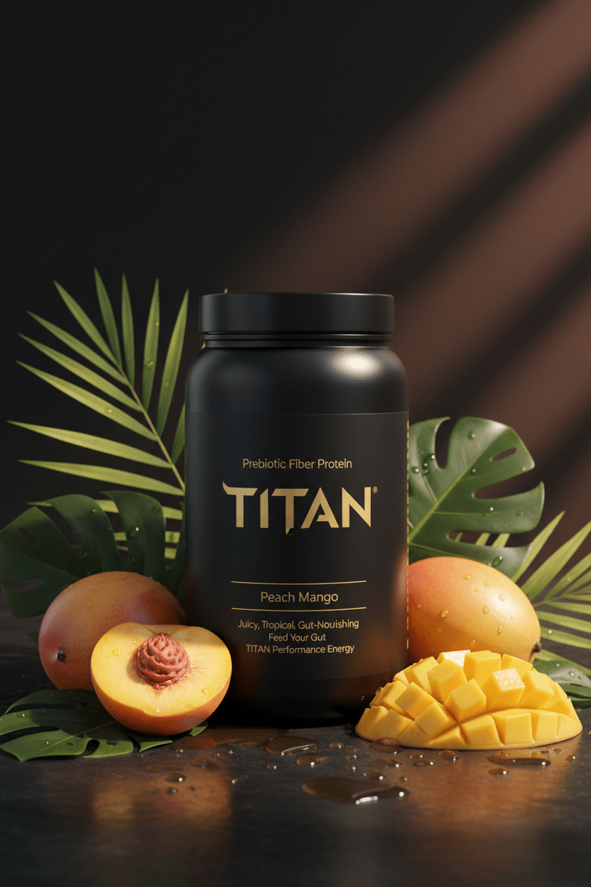TITAN Prebiotic Fiber Protein Peach Mango — warm sun-kissed tropical canister with fresh peach halves, fanned mango slices and tropical leaves