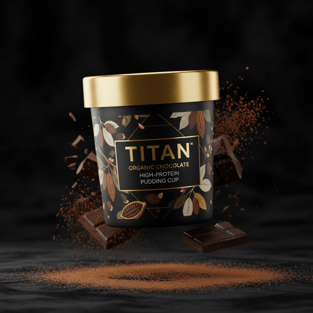 TITAN Organic High-Protein Pudding Cup Chocolate — ultra-premium luxury editorial product shot