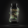 TITAN Theanine Green Tea Complex black glass bottle with 24K gold accents and Japanese-style green tea leaf and alpha brain wave brushstroke artwork in jade green and gold