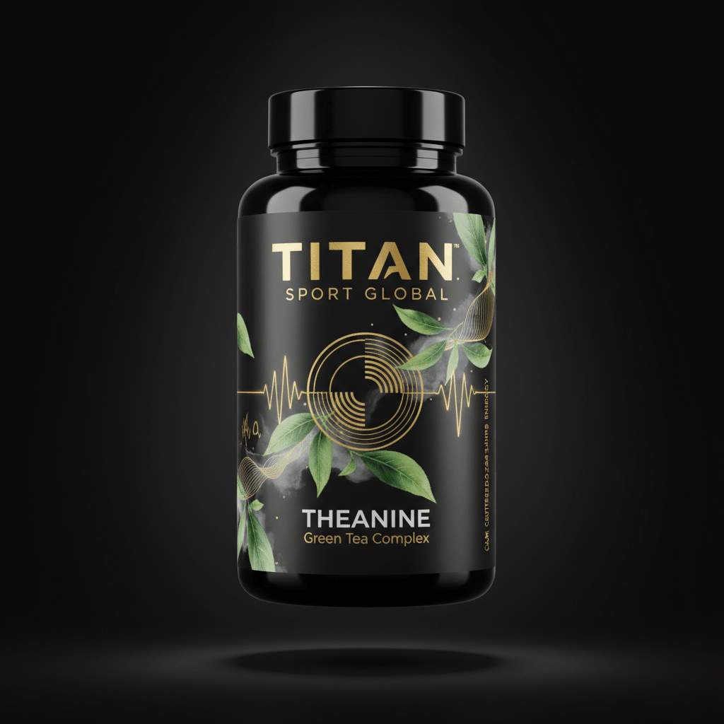 TITAN Theanine Green Tea Complex black glass bottle with 24K gold accents and Japanese-style green tea leaf and alpha brain wave brushstroke artwork in jade green and gold