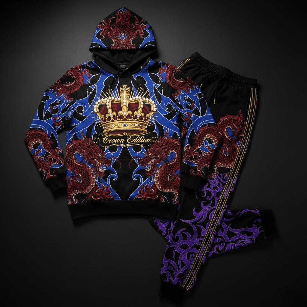 TITAN Crown Edition Tattoo Art Men's Lounge Matching Set - bold imperial dragon tattoo artwork on matte black fleece