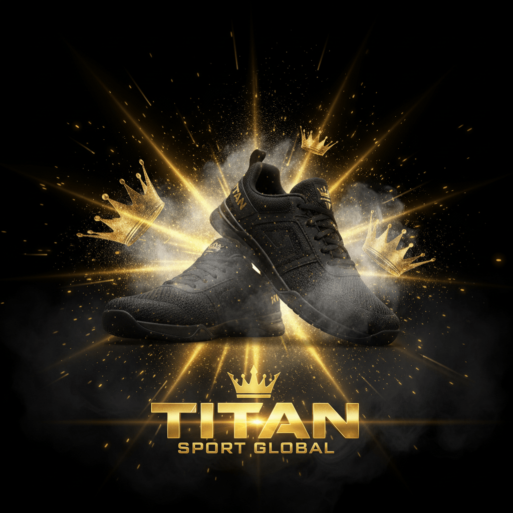 TITAN SPORT GLOBAL men's training shoes with gold crown branding on dark background