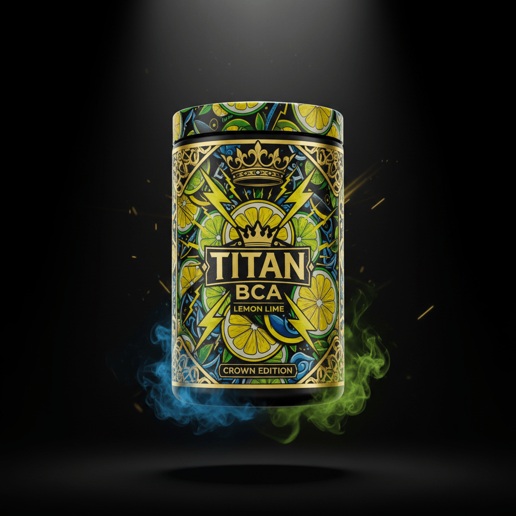 TITAN BCAA Lemon Lime container with citrus and crown tattoo-style Crown Edition artwork in yellow, lime green and gold