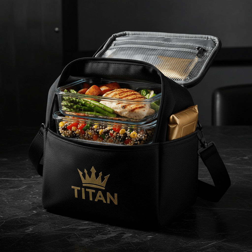 TITAN Insulated Meal Prep Bag with stackable containers and gold crown logo