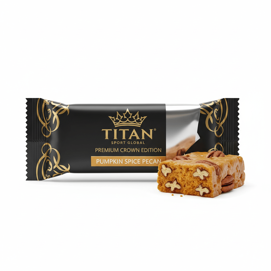 Crown Edition Pumpkin Spice Pecan Protein Bar — matte black gold foil wrapper