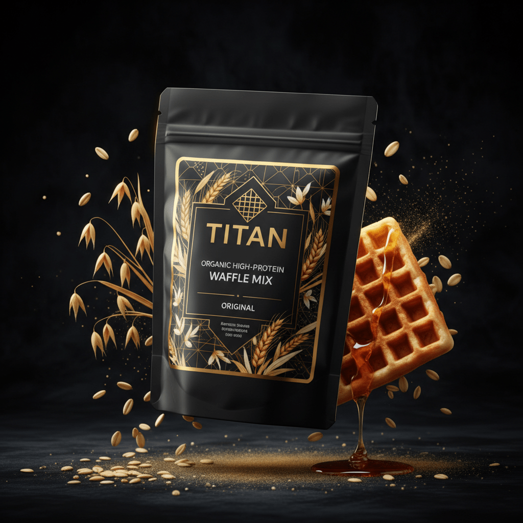 TITAN Organic High-Protein Waffle Mix Original — ultra-premium luxury editorial product shot