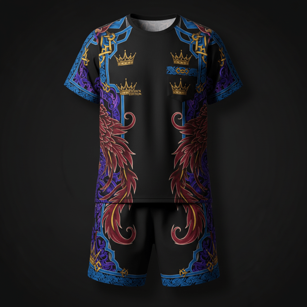 TITAN Crown Edition Tattoo Art Men's Summer Lounge Pajama Set - bold phoenix tribe tattoo artwork on matte black modal fabric