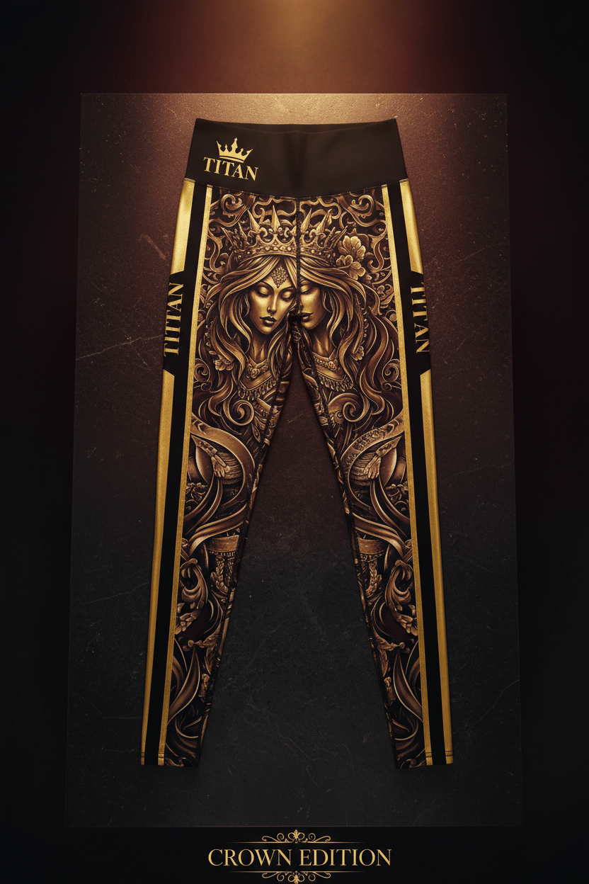 TITAN Power Leggings Black & Gold — Crown Edition goddess crown tattoo vertical flat lay