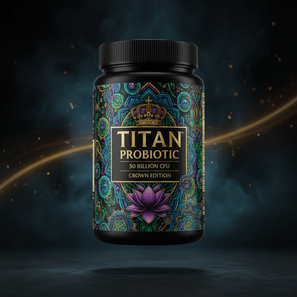 TITAN Probiotic 50 Billion CFU Capsules container with cell, lotus flower and crown tattoo-style Crown Edition artwork in emerald green, blue and gold