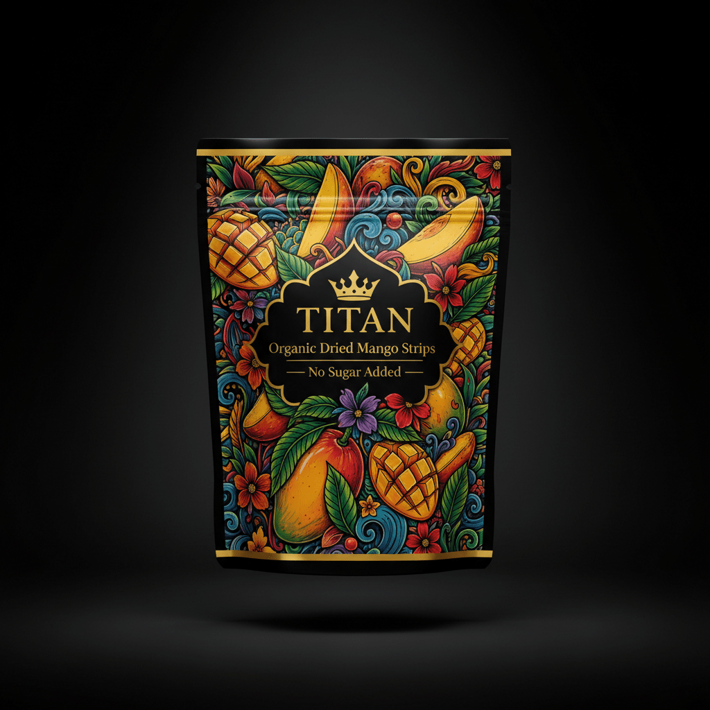 TITAN Organic Dried Mango Strips — No Sugar Added, Crown Edition tattoo-style artwork