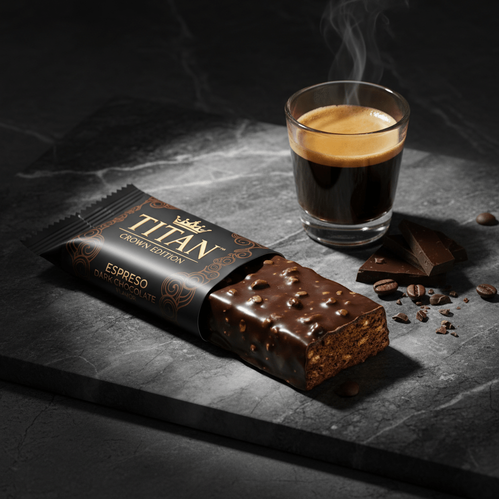 TITAN Vegan Protein Bar Espresso Dark Chocolate Crown Edition — 20g protein natural caffeine product shot