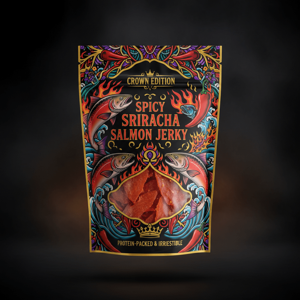 TITAN Protein Fish Jerky Spicy Sriracha Salmon — Crown Edition bold tattoo-style artwork