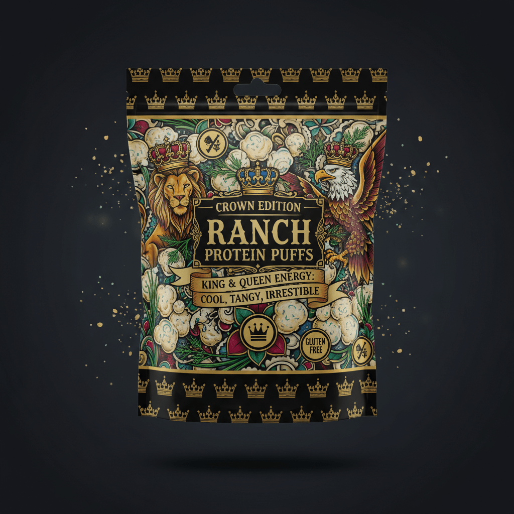 TITAN Protein Puffs Ranch — Crown Edition bold tattoo-style artwork
