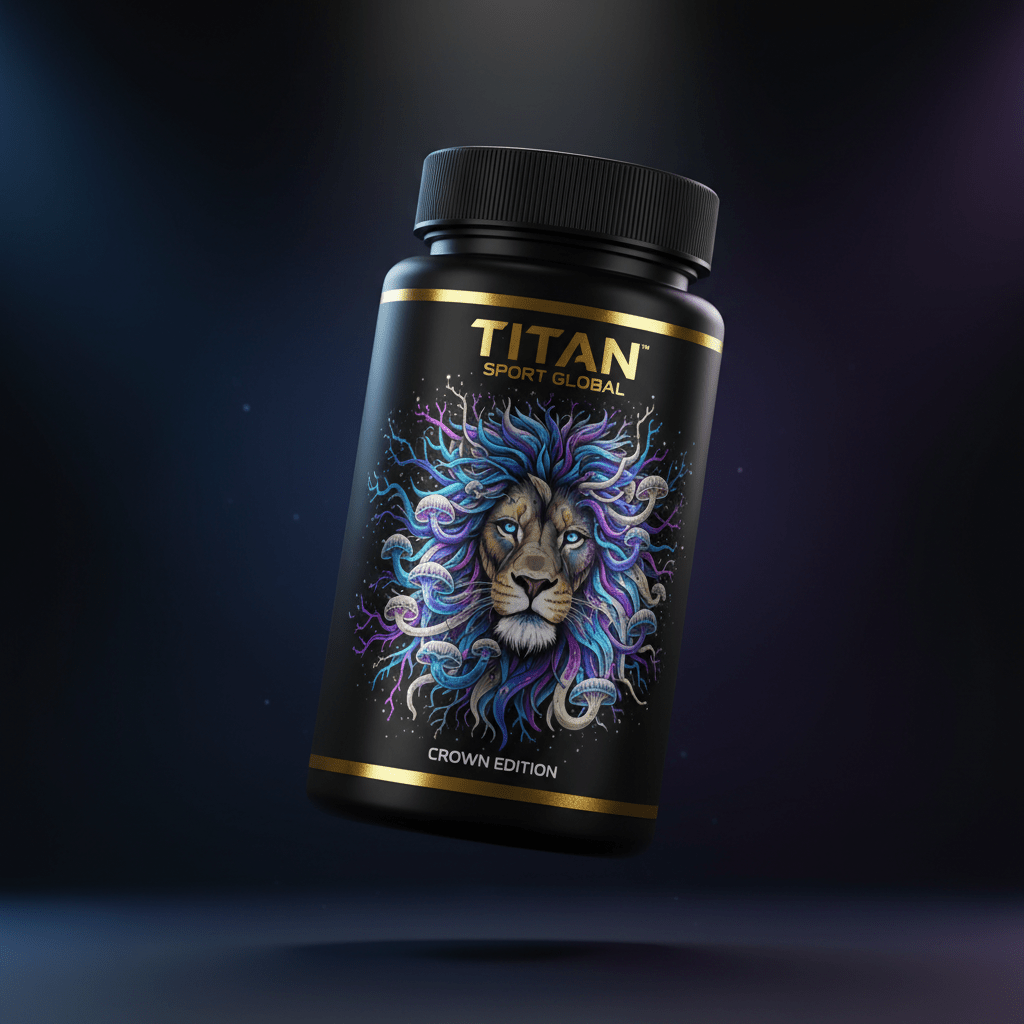 TITAN Lion's Mane Mushroom supplement bottle with Crown Edition matte black and gold packaging featuring tattoo-style lion and neural network artwork in electric blue and violet