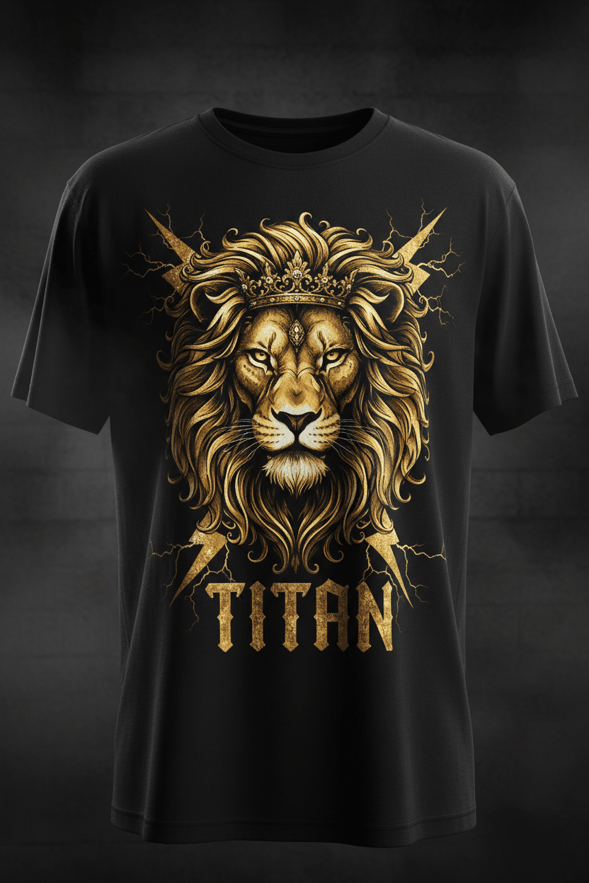 TITAN Lion Crown Graphic Tee in Black Gold with intricate gold lion crown graphic