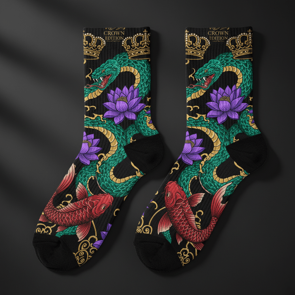 TITAN Crown Edition Tattoo Art Quarter-Length Athletic Socks - bold colorful tattoo artwork on matte black fabric