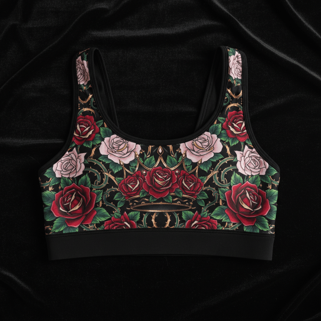 TITAN Crown Edition Women's Sports Bra — Rose Garden Queen Tattoo Art