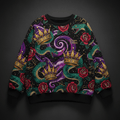 TITAN Crown Edition Tattoo Art Women's Oversized Lounge Crewneck - bold colorful tattoo artwork on matte black heavyweight fleece