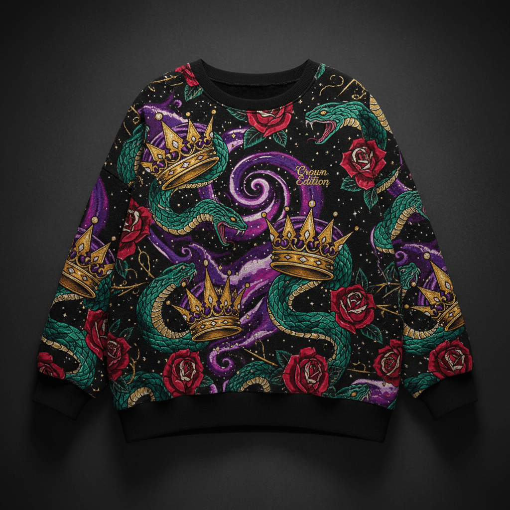 TITAN Crown Edition Tattoo Art Women's Oversized Lounge Crewneck - bold colorful tattoo artwork on matte black heavyweight fleece