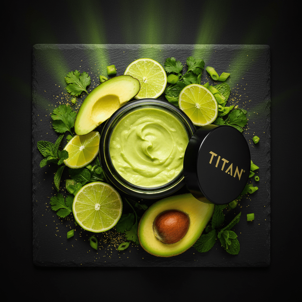TITAN Clean Eating Protein Dip Avocado Lime — overhead food styling shot with fresh avocados and lime slices