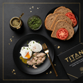 TITAN Argentinian Smoked Trout Chimichurri Breakfast meal kit flat lay dark luxury