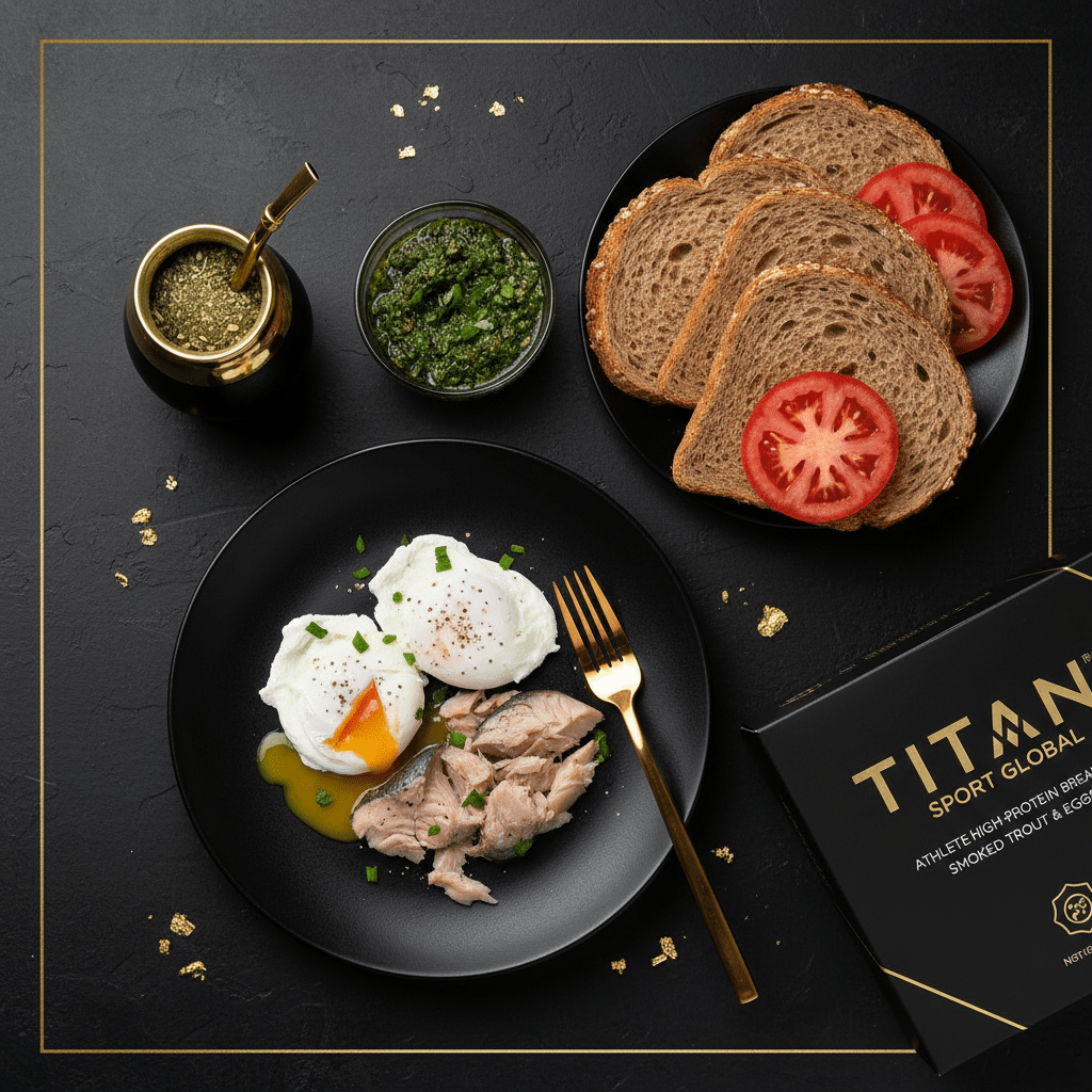 TITAN Argentinian Smoked Trout Chimichurri Breakfast meal kit flat lay dark luxury