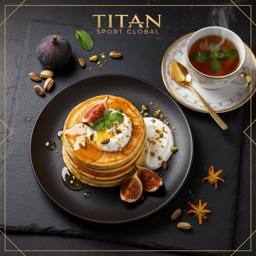 TITAN Moroccan Orange Blossom Protein Pancakes Breakfast flat lay dark luxury