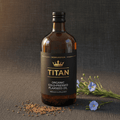 TITAN Organic Flaxseed Oil Cold-Pressed Crown Edition — premium amber glass bottle product shot