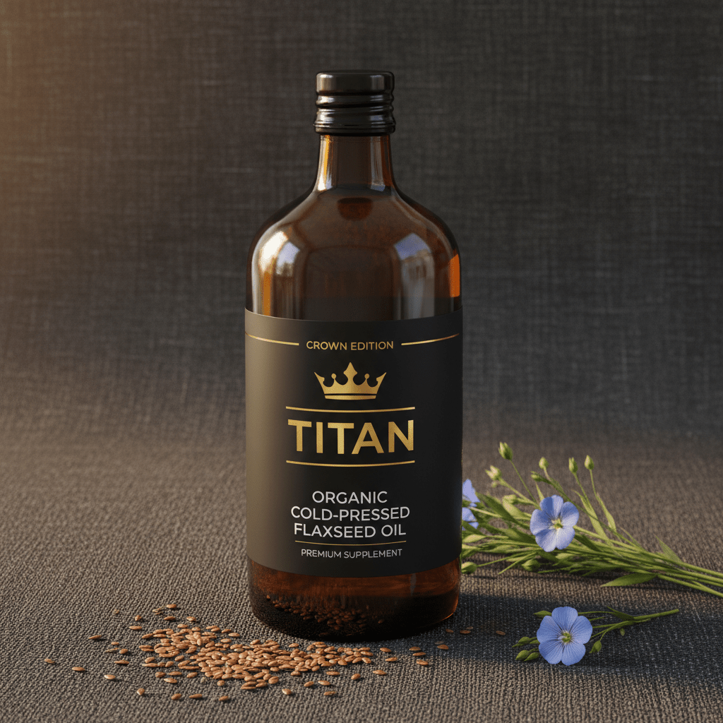 TITAN Organic Flaxseed Oil Cold-Pressed Crown Edition — premium amber glass bottle product shot