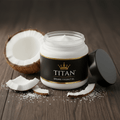 TITAN Organic Coconut Oil Virgin Cold-Pressed Crown Edition — premium wide-mouth white glass jar product shot