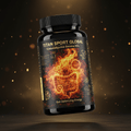 TITAN Trimethylglycine Betaine HCL black glass bottle with 24K gold accents and molten amber digestive fire artwork with pepsin enzyme structures