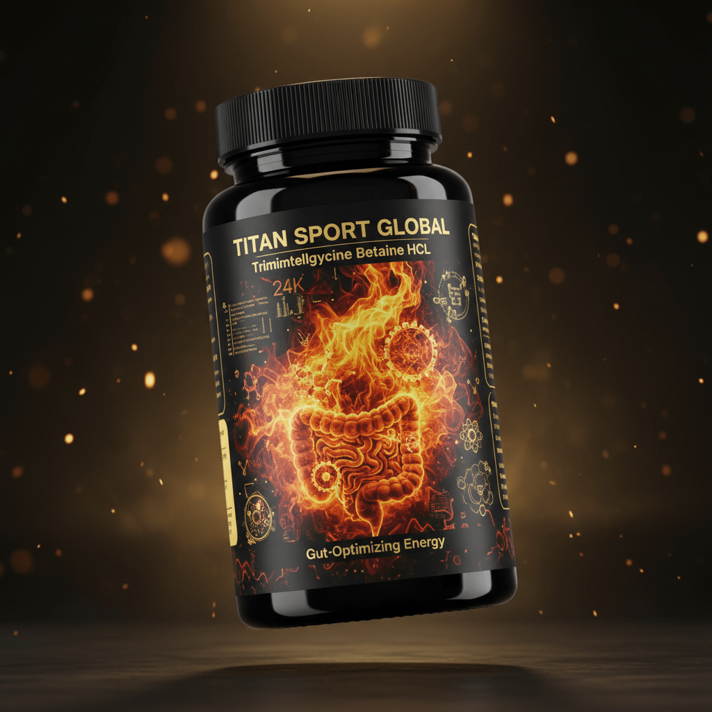 TITAN Trimethylglycine Betaine HCL black glass bottle with 24K gold accents and molten amber digestive fire artwork with pepsin enzyme structures