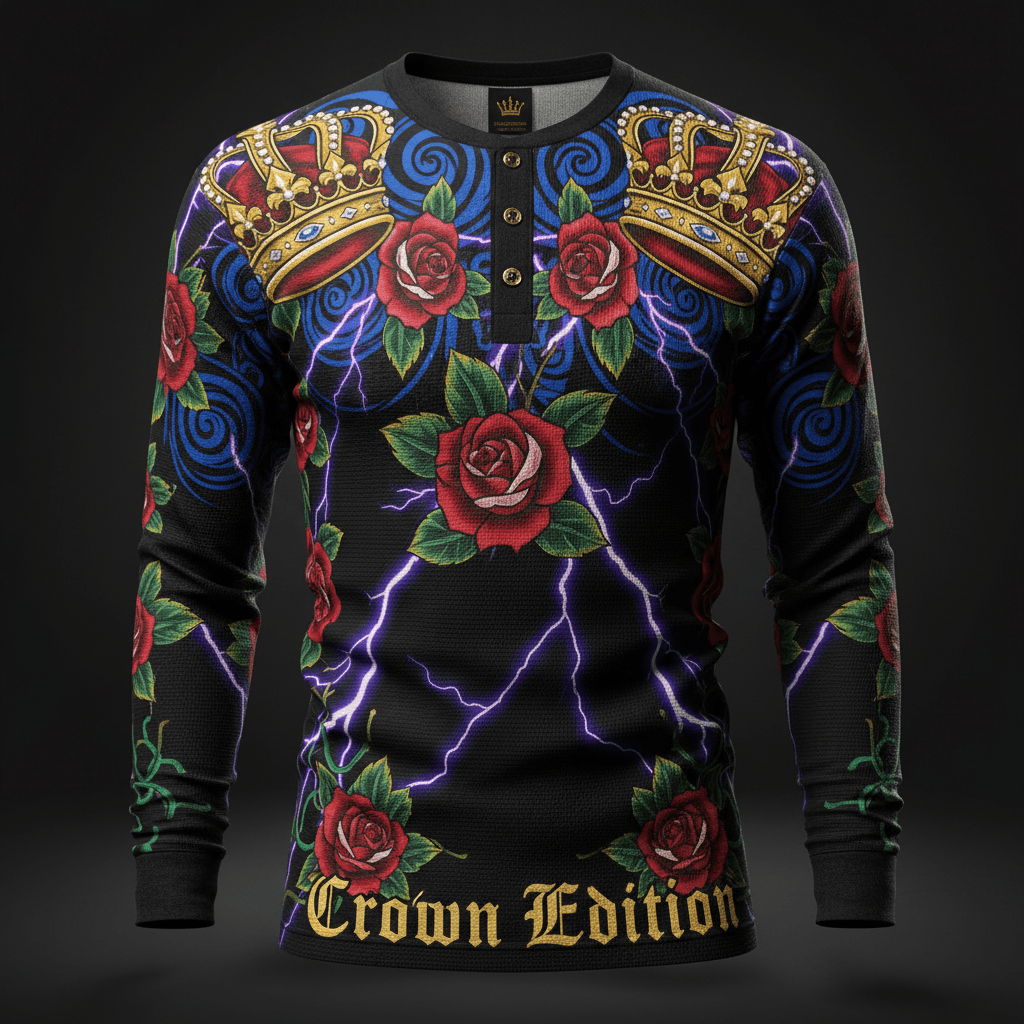 TITAN Crown Edition Tattoo Art Men's Lounge Thermal Henley - bold colorful tattoo artwork on matte black waffle knit