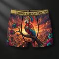 TITAN Aztec Macaw Queen Women's Cozy Boxer Shorts Crown Edition — macaw in Aztec feathered armor anime art on matte black