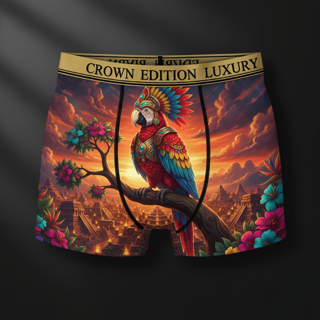 TITAN Aztec Macaw Queen Women's Cozy Boxer Shorts Crown Edition — macaw in Aztec feathered armor anime art on matte black