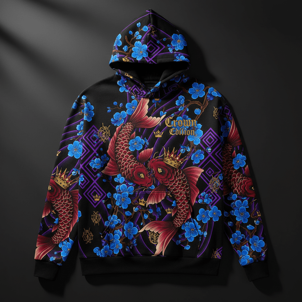 TITAN Crown Edition Tattoo Art Men's Lounge Hoodie - bold colorful koi blossom tattoo artwork on matte black fleece