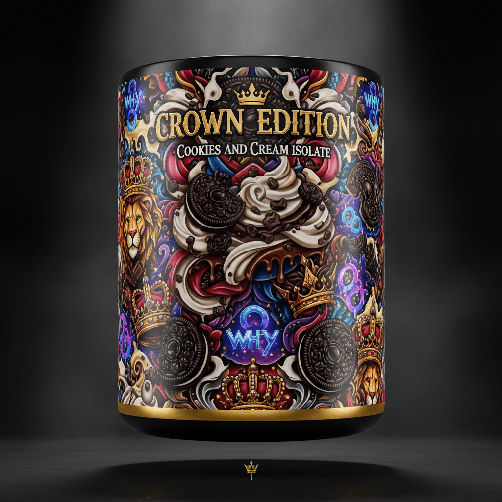 TITAN Whey Protein Isolate Cookies & Cream — Crown Edition bold tattoo-style artwork
