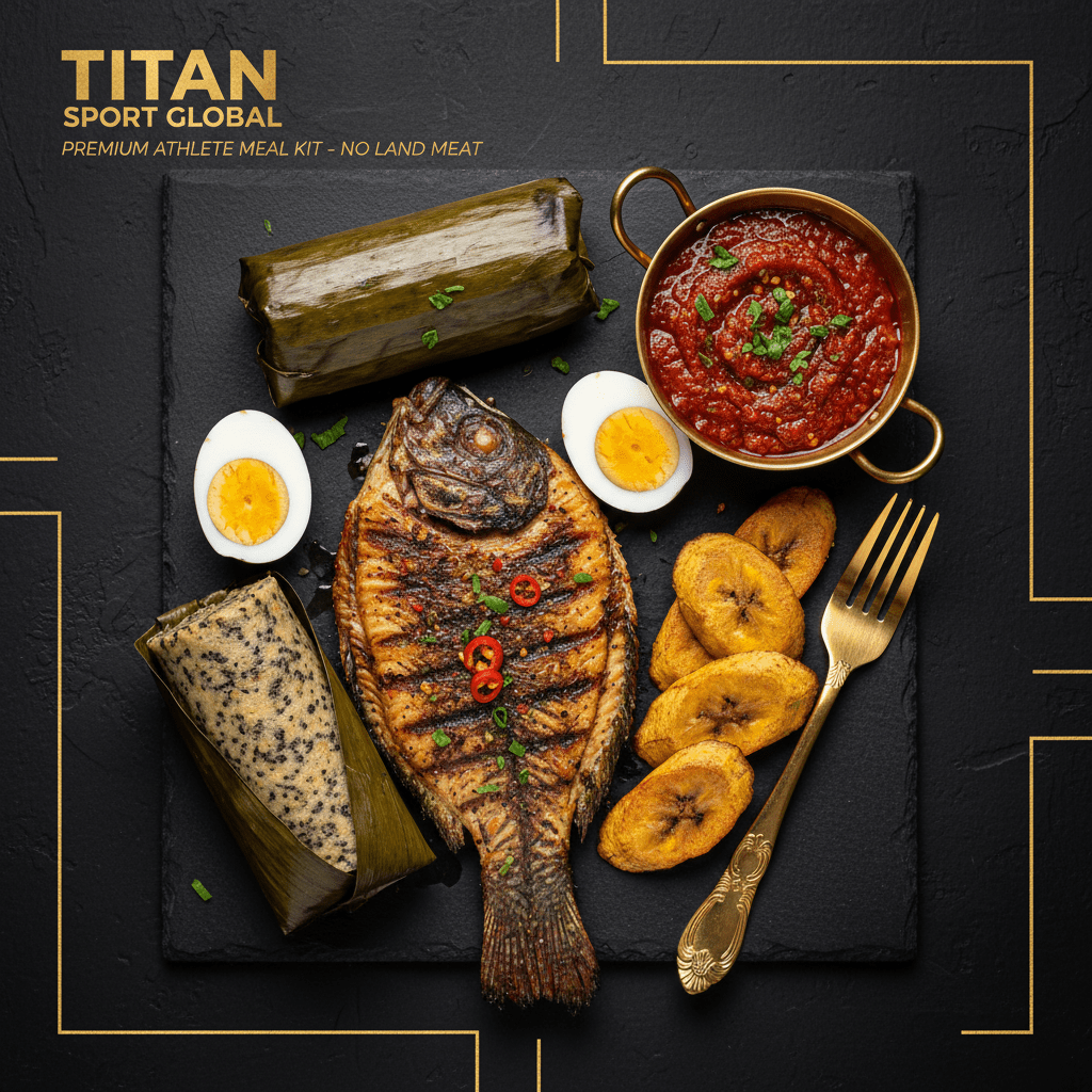 TITAN Nigerian Grilled Tilapia Moi Moi Breakfast meal kit flat lay dark luxury
