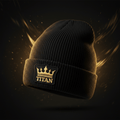 TITAN Knit Beanie — Matte black ribbed knit cuffed beanie with gold embroidered TITAN crown patch