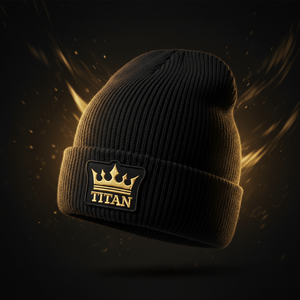 TITAN Knit Beanie — Matte black ribbed knit cuffed beanie with gold embroidered TITAN crown patch