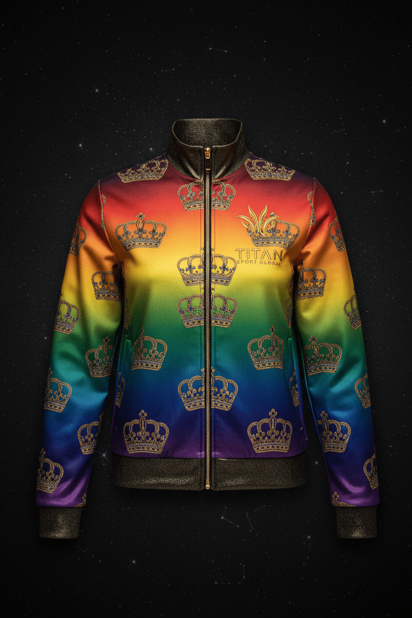 TITAN Women's Rainbow Crown Zip-Up Track Jacket flat lay Prism SWAG Edition