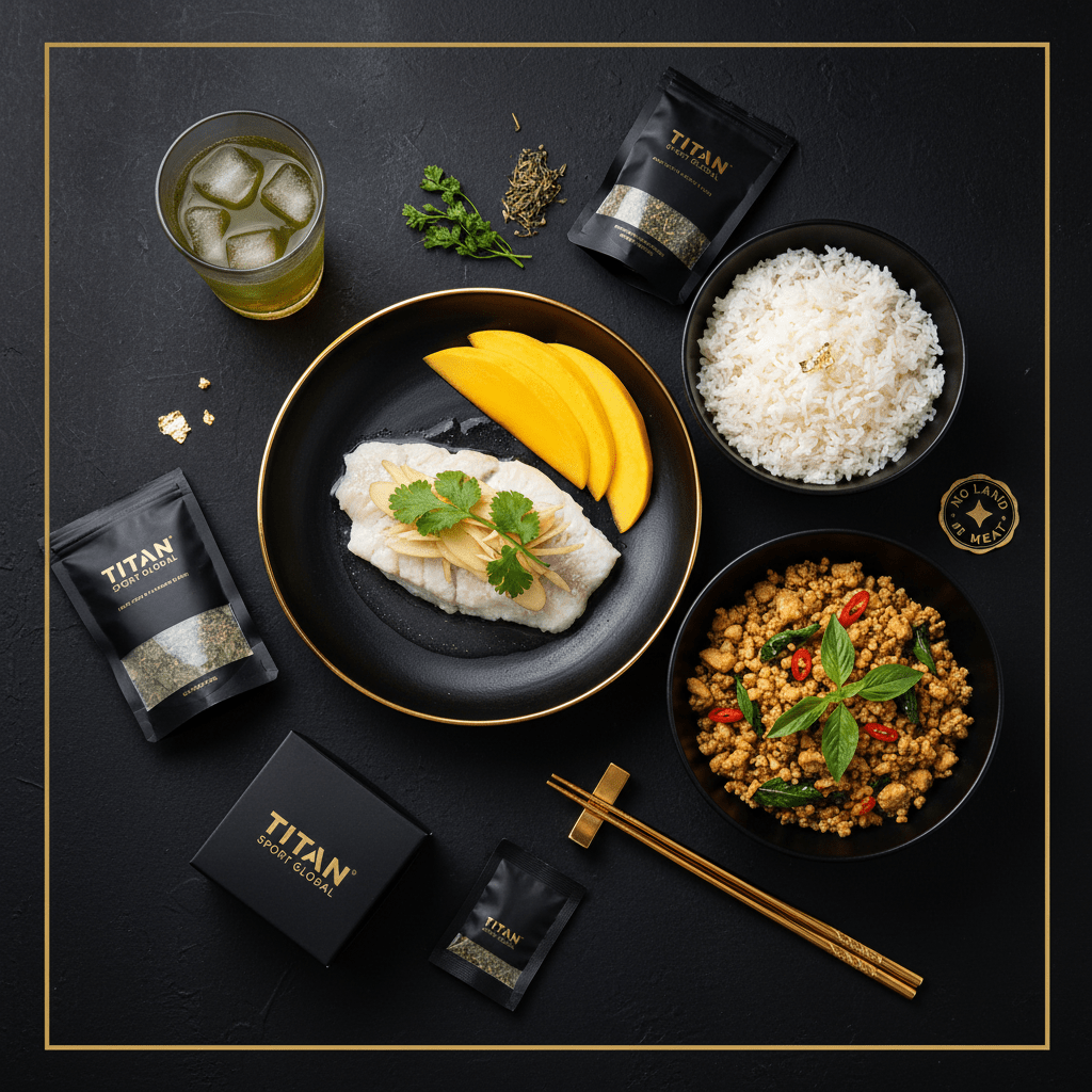 TITAN Thai Steamed Ginger Fish Power Breakfast meal kit flat lay dark luxury
