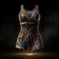 TITAN Crown Edition Athletic Romper — bold tattoo-style artwork on matte black performance fabric