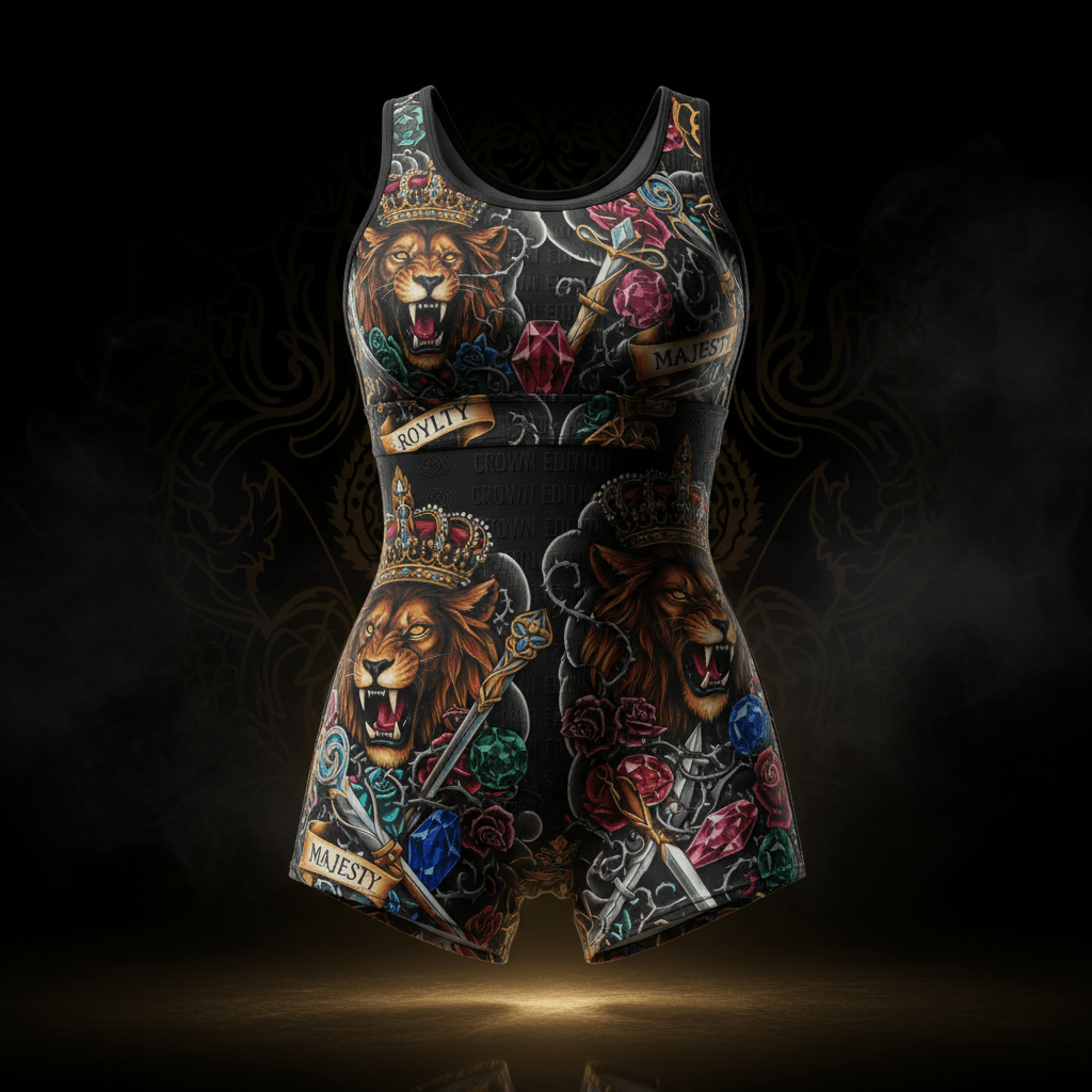 TITAN Crown Edition Athletic Romper — bold tattoo-style artwork on matte black performance fabric